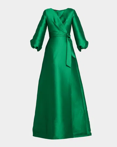 Reem Acra Bishop-sleeve Mikado Pique Wrap Gown