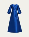 Reem Acra Bishop-sleeve Mikado Pique Wrap Gown