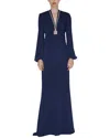 Reem Acra Blouson Sleeve V-neck Gown In Blue
