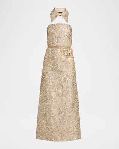 Reem Acra Collared Strapless Embellished Midi Cocktail Dress In Gold Silve