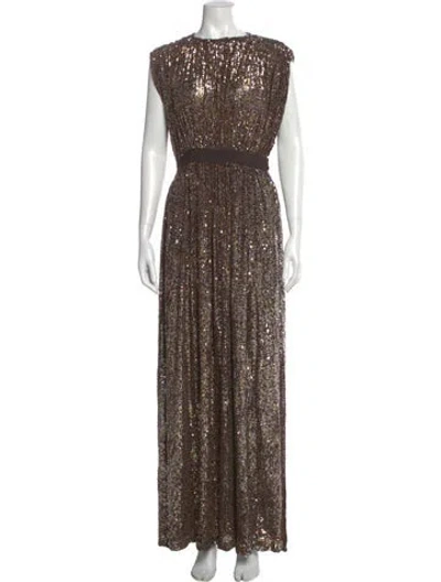 Pre-owned Reem Acra Crew Neck Long Dress In Brown