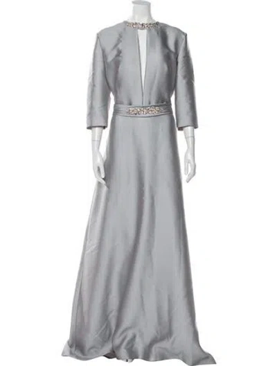 Pre-owned Reem Acra Crew Neck Long Dress In Grey
