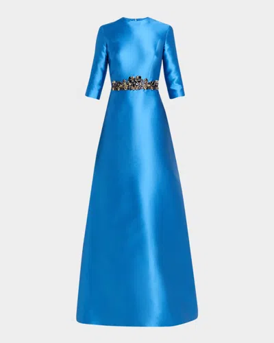 Reem Acra Crystal Embellished Mikado Silk 3/4-sleeve Gown In Blue