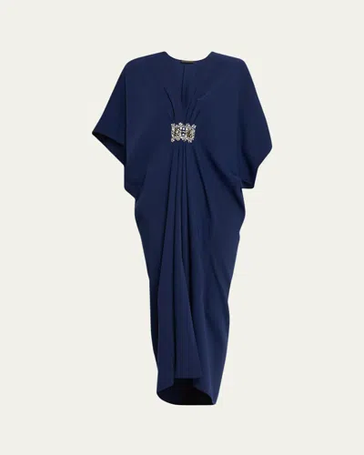 Reem Acra Crystal Medallion Crepe Midi Kaftan Dress In Blue