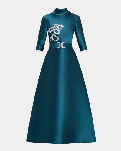 Reem Acra Crystal Mikado Silk 3/4-sleeve Gown In Blue