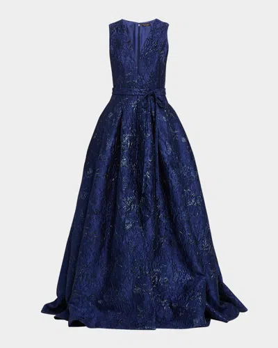 Reem Acra Deep V-neck Textured Metallic Jacquard Ball Gown In Navy