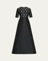 Reem Acra Embellished Mikado Silk Short-sleeve Gown In Black