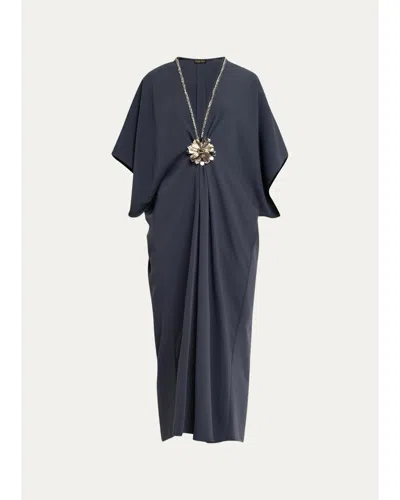 Reem Acra Embellished V-neck Crepe Midi Caftan Dress In Gray