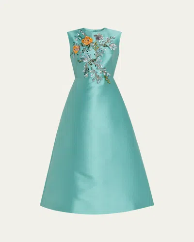 Reem Acra Embroidered Mikado Silk Sleeveless Midi Dress In Multi