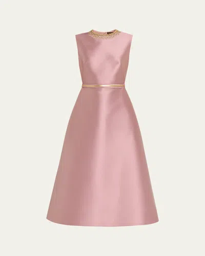 Reem Acra Embroidered Mikado Silk Sleeveless Tea-length Dress In Pink