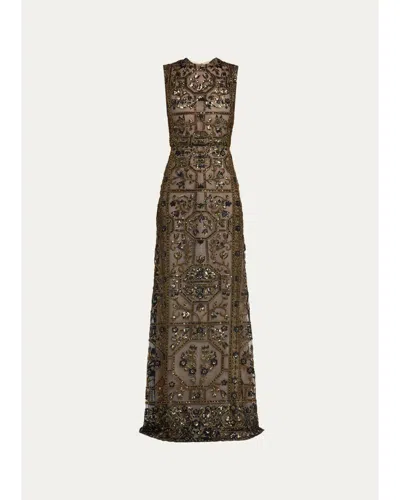 Reem Acra Embroidered Tulle Sleeveless A-line Gown In Black Multi