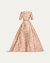 Reem Acra Floral Brocade Gown With Crystal Belt In Rose Gold