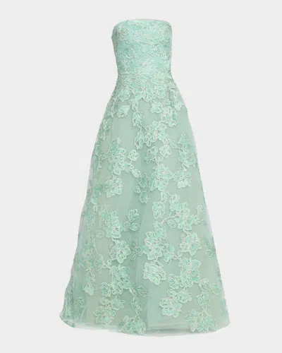 Reem Acra Floral Metallic Raffia Embroidered Tulle Strapless Gown In Green