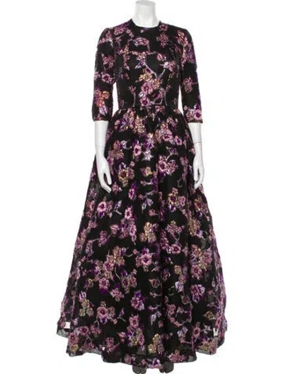 Pre-owned Reem Acra Floral Print Long Dress In Black