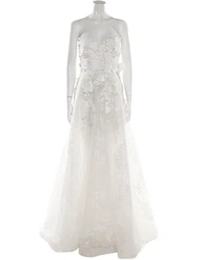 Pre-owned Reem Acra Floral Print Long Dress In White