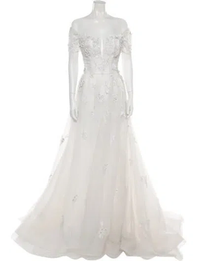 Pre-owned Reem Acra Floral Print Long Dress In White