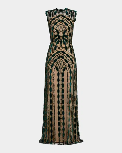 Reem Acra Geo Velvet Embroidered Sleeveless Gown In Brown