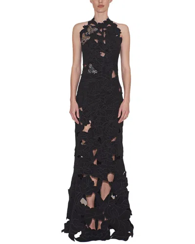 Reem Acra Halter Hand Cut Embroidered Gown In Black