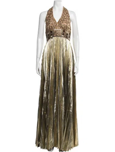 Pre-owned Reem Acra Halterneck Long Dress In Gold/metallic