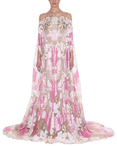Reem Acra Illusion Neckline Embroidered Gown