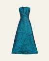 Reem Acra Jewel-neck Sleeveless Floral Brocade Gown In Blue