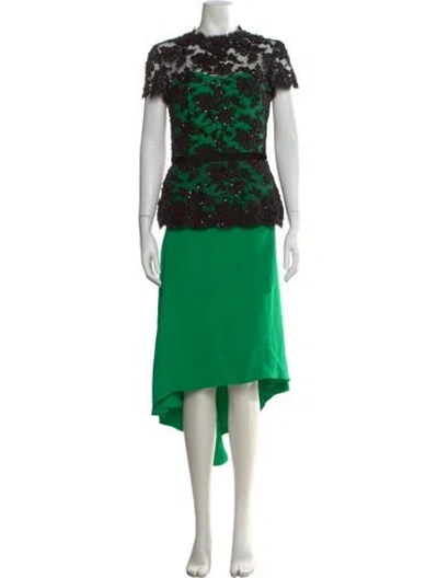 Pre-owned Reem Acra Lace Pattern Long Dress In Green