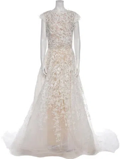 Pre-owned Reem Acra Lace Pattern Long Dress In Neutral