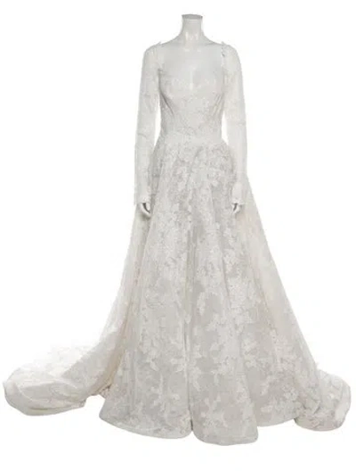 Pre-owned Reem Acra Lace Pattern Long Dress In White