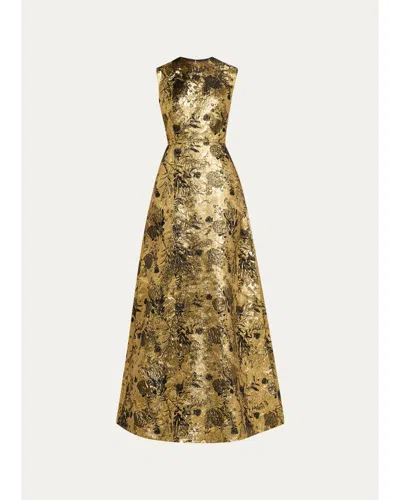 Reem Acra Metallic Floral Brocade Sleeveless A-line Gown In Black Gold