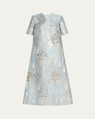 Reem Acra Metallic Floral Brocade Trapeze Dress In Blue