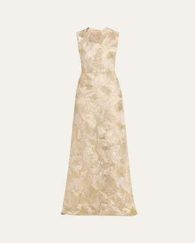 Reem Acra Metallic Floral Embroidered Sleeveless Gown In Gold/nude