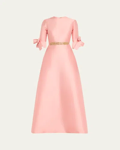 Reem Acra Mikado Pique Kaftan With Tulle Belt In Rose