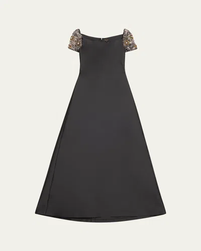 Reem Acra Mikado Soft Kaftan With Tulle Beaded Sleeves In Black