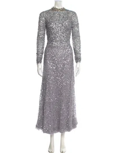 Pre-owned Reem Acra Mock Neck Long Dress In Silver