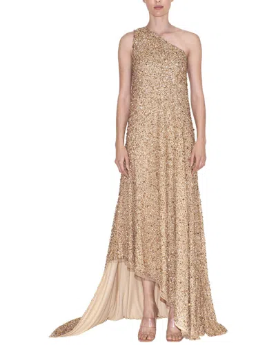 Reem Acra One-shoulder Beaded Gown In Gold
