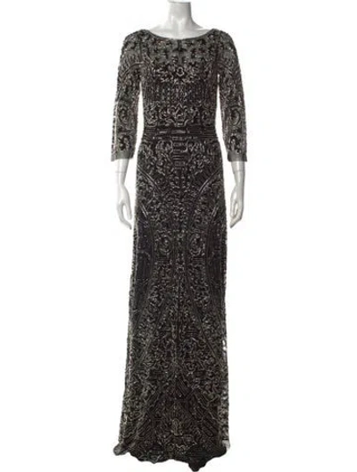 Pre-owned Reem Acra Patterned Long Dress In Black