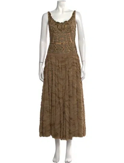 Pre-owned Reem Acra Patterned Long Dress In Brown