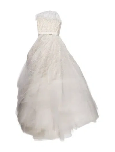 Pre-owned Reem Acra Patterned Long Dress In White