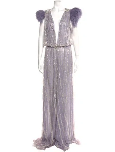 Pre-owned Reem Acra Patterned V-neck Jumpsuit In Purple