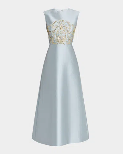 Reem Acra Petals, Spice, And Whispers Of Plumage Embroidered Satin Dress In Blue