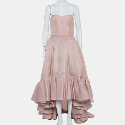 Reem Acra Pink Silk Ruffled Asymmetric Hem Strapless Gown In Brown