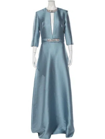Pre-owned Reem Acra Plunge Neckline Long Dress In Blue