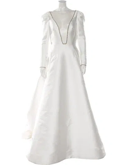 Pre-owned Reem Acra Plunge Neckline Long Dress In White