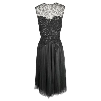 Pre-owned Reem Acra Pre-fall 2015 Lace Sequin Bodice Tulle Midi Dress Black Size 6