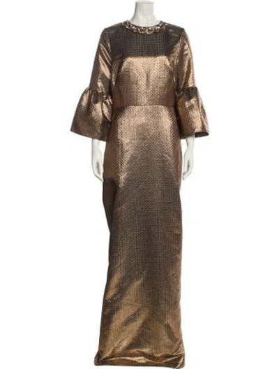 Pre-owned Reem Acra Printed Long Dress In Brown