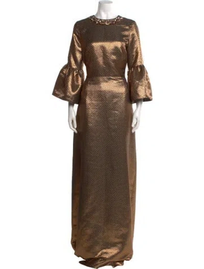 Pre-owned Reem Acra Printed Long Dress In Gold/metallic