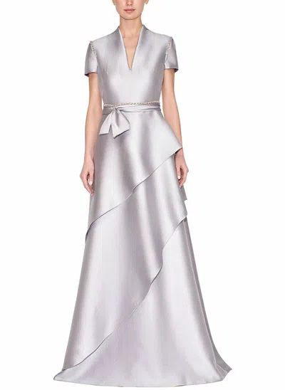 Reem Acra Short Sleeve Split Neck Caftan Gown In Grey In Gray