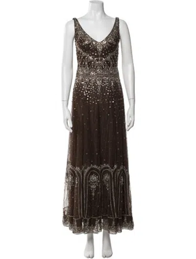 Pre-owned Reem Acra Silk Long Dress In Brown