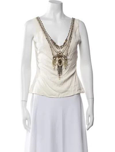 Pre-owned Reem Acra Silk V-neck Top In Neutrals