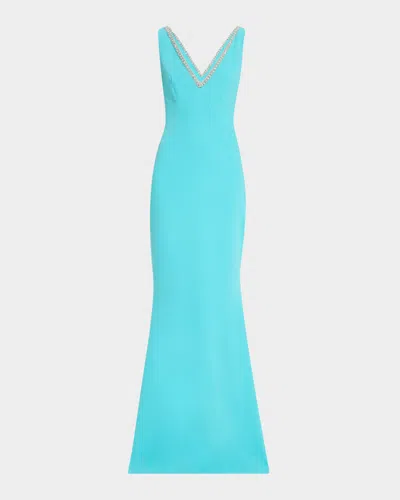 Reem Acra Sleeveless V-neck Backless Crepe Gown With Beaded Trim In Turquoise
